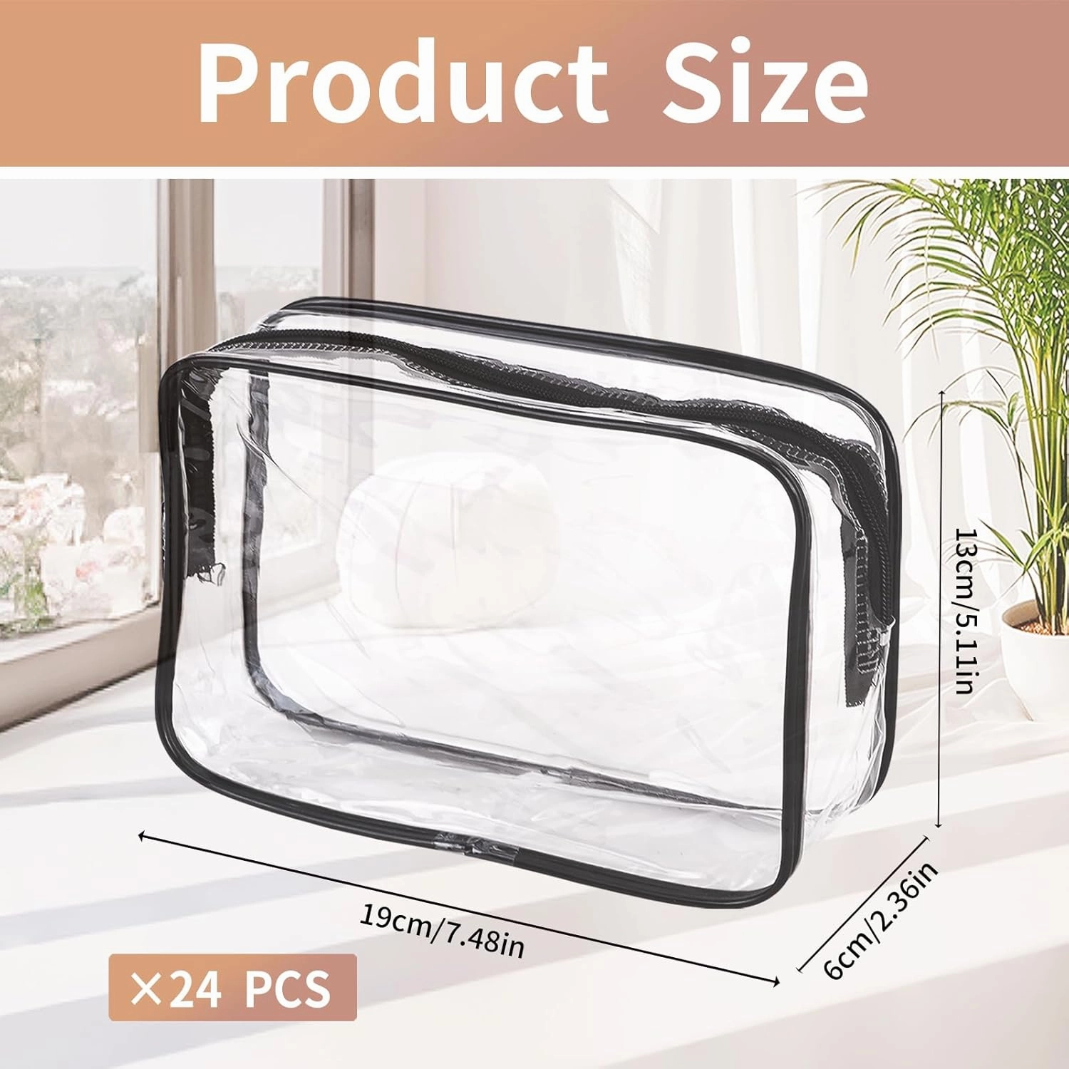 24 PCS Clear Makeup Bag with Zipper, Waterproof Transparent Toiletry Bag Organizer, PVC Portable Cosmetic Bags for Women Men Traveling Vacation Bathroom Home (Black)