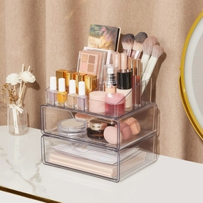 3 Tier Clear Makeup Organizer with Drawer for Vanity, Cosmetic Storage for Dresser Countertop, Vanity Organizer for Eyeshadow Palette and Lipstick Storage