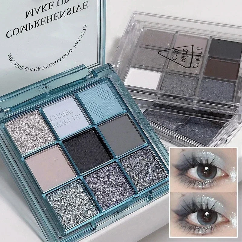 9 Colors Punk Blue Eyeshadow Palette Matte Smoky Black Eye Shadow Shimmer Palette Glitter Nude Cosmetics Pearlescent Eye Makeup