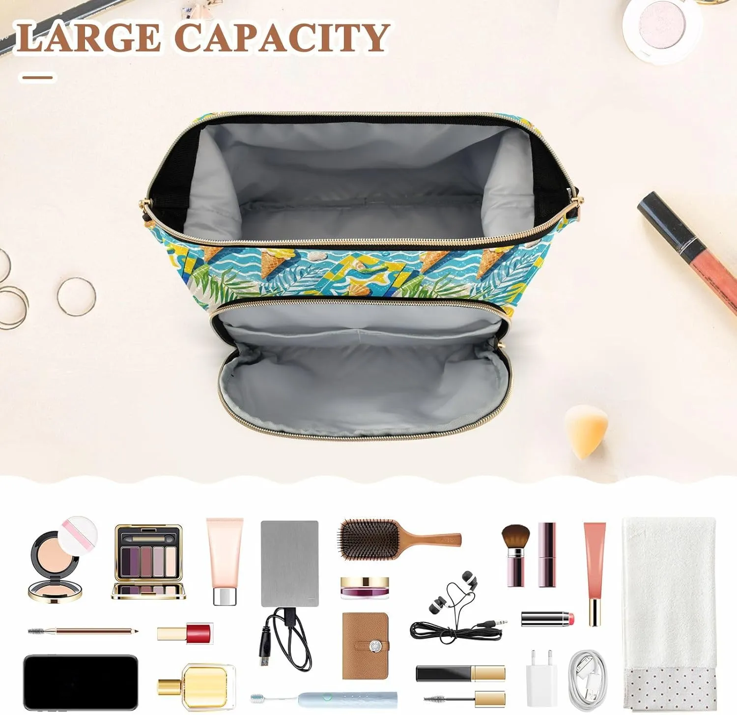 Aesthetic Makeup Bag Travel-Friendly Quilted Organizer with Wide-open Access