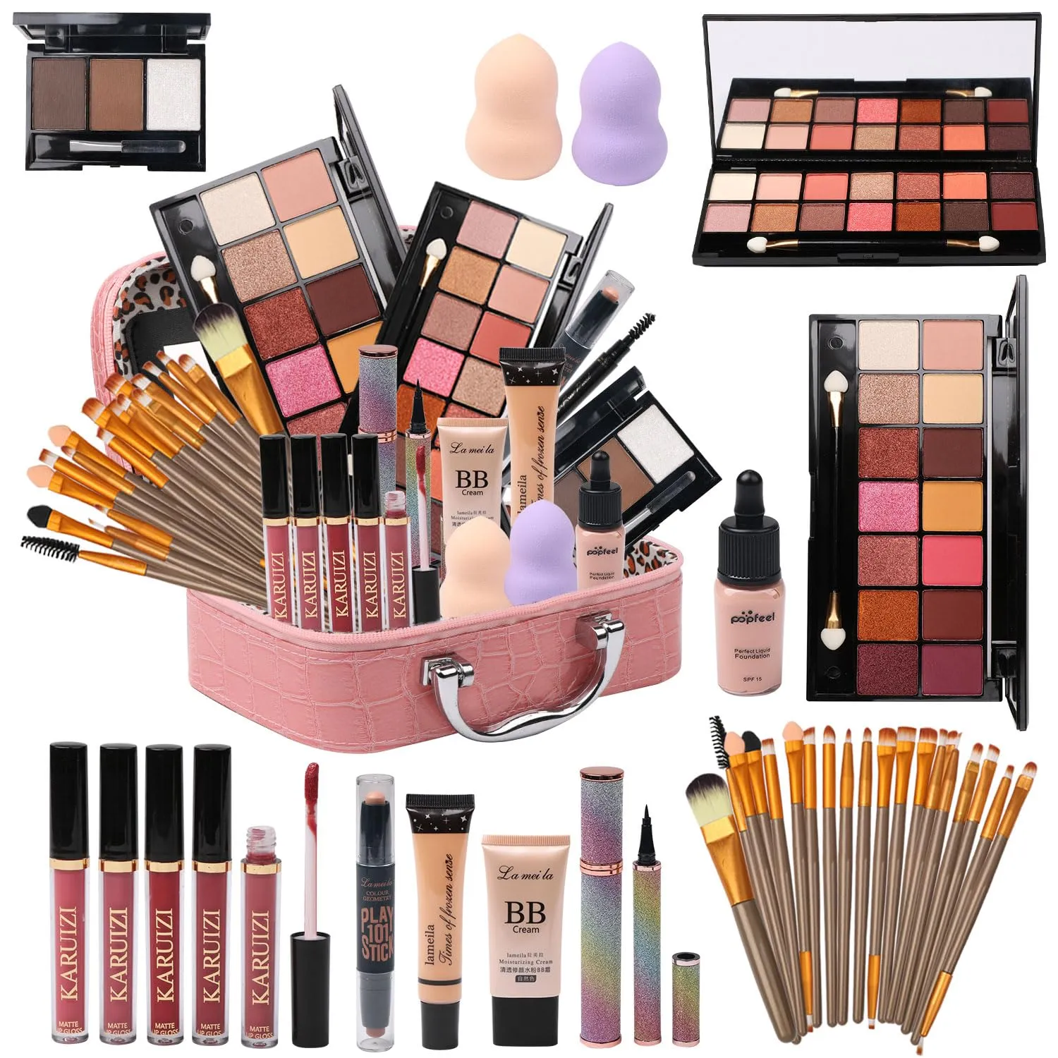 All in One Makeup Kit for Makeup storage bag 2X14 Colors Eyeshadow Palette Liquid Foundation Eyeliner Pencils Contouring Stick 20Pcs Makeup Brushes For Women Girls Teens (Pink)
