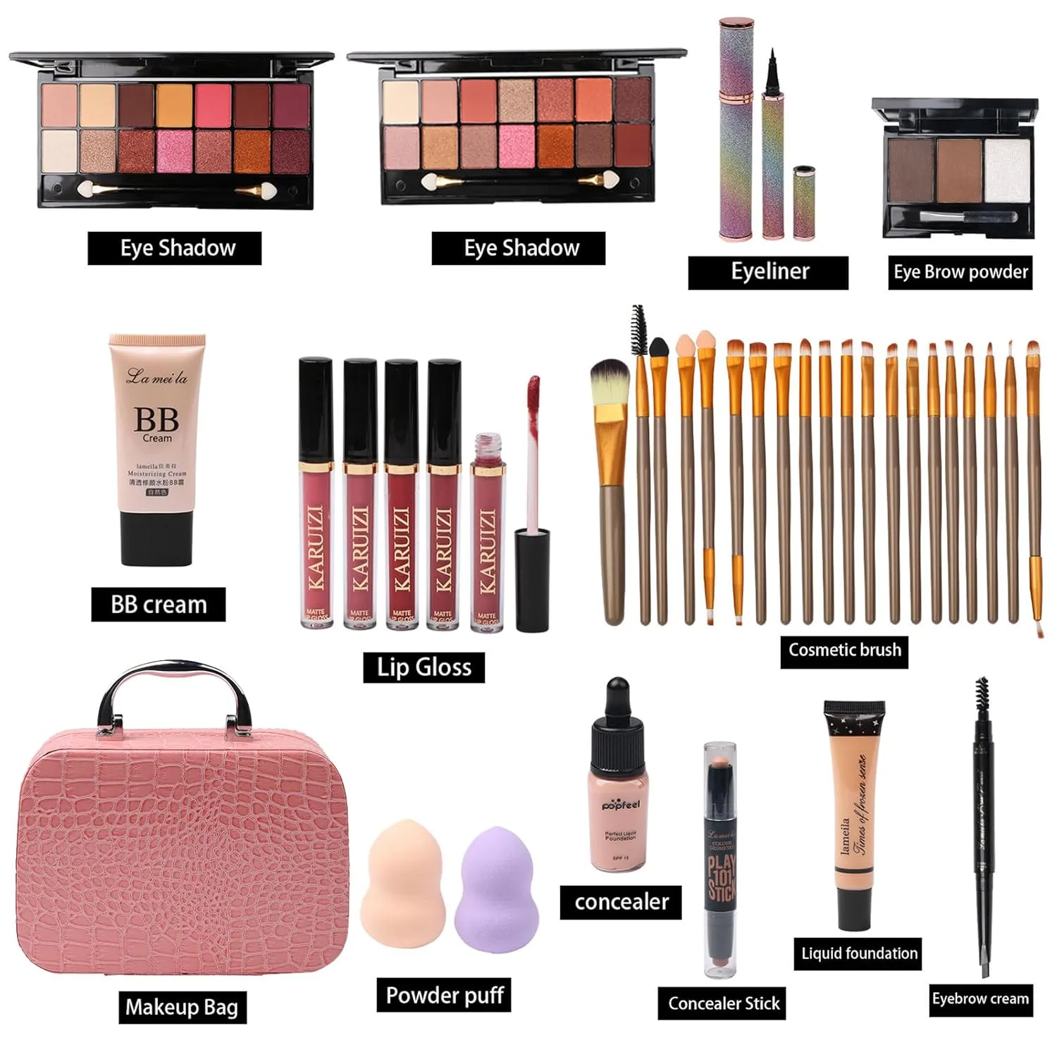All in One Makeup Kit for Makeup storage bag 2X14 Colors Eyeshadow Palette Liquid Foundation Eyeliner Pencils Contouring Stick 20Pcs Makeup Brushes For Women Girls Teens (Pink)