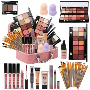 All in One Makeup Kit for Makeup storage bag 2X14 Colors Eyeshadow Palette Liquid Foundation Eyeliner Pencils Contouring Stick 20Pcs Makeup Brushes For Women Girls Teens (Pink)
