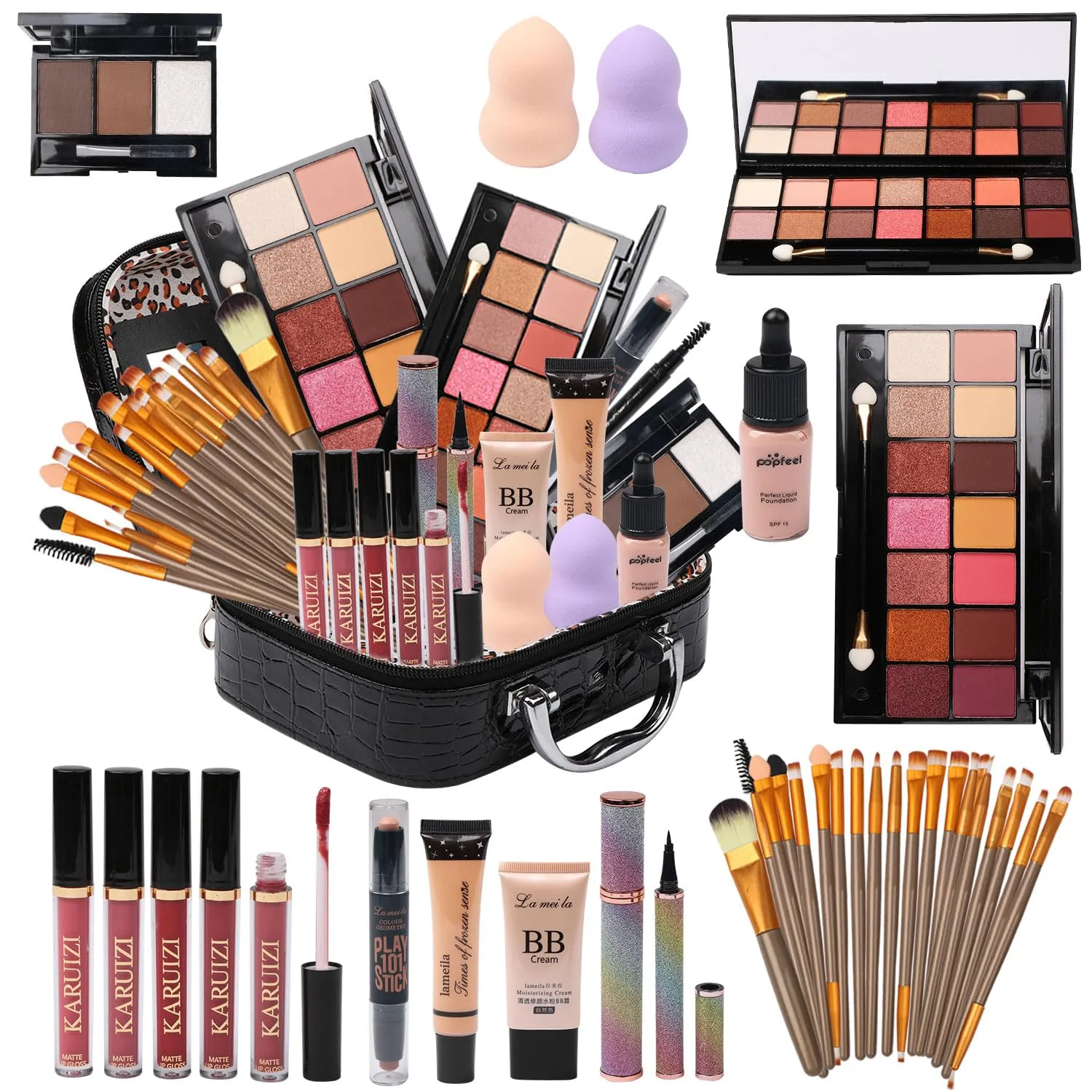 All in One Makeup Kit for Makeup storage bag 2X14 Colors Eyeshadow Palette Liquid Foundation Eyeliner Pencils Contouring Stick Lip Gloss 20Pcs Makeup Brushes For Women Girls Teens (Black)