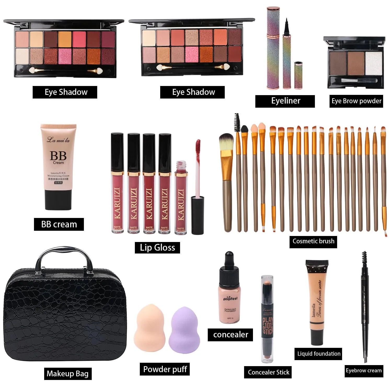 All in One Makeup Kit for Makeup storage bag 2X14 Colors Eyeshadow Palette Liquid Foundation Eyeliner Pencils Contouring Stick Lip Gloss 20Pcs Makeup Brushes For Women Girls Teens (Black)