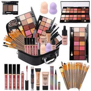 All in One Makeup Kit for Makeup storage bag 2X14 Colors Eyeshadow Palette Liquid Foundation Eyeliner Pencils Contouring Stick Lip Gloss 20Pcs Makeup Brushes For Women Girls Teens (Black)