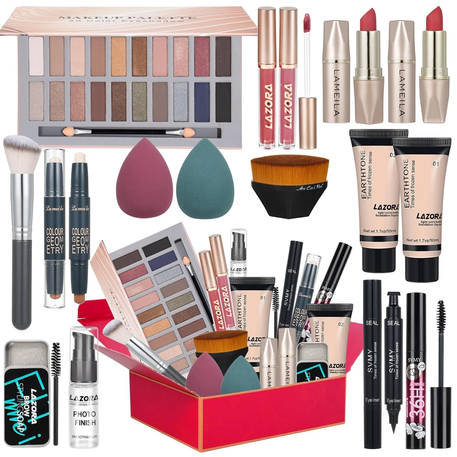All in One Makeup Kit for Women Full Kit Includes Palette Foundation & Face Primer, Makeup Brush Sponge, Eyebrow Soap, Winged Eyeliner Stamp 20 Colors Eyeshadow Gift Set for Women, Girls & Teen