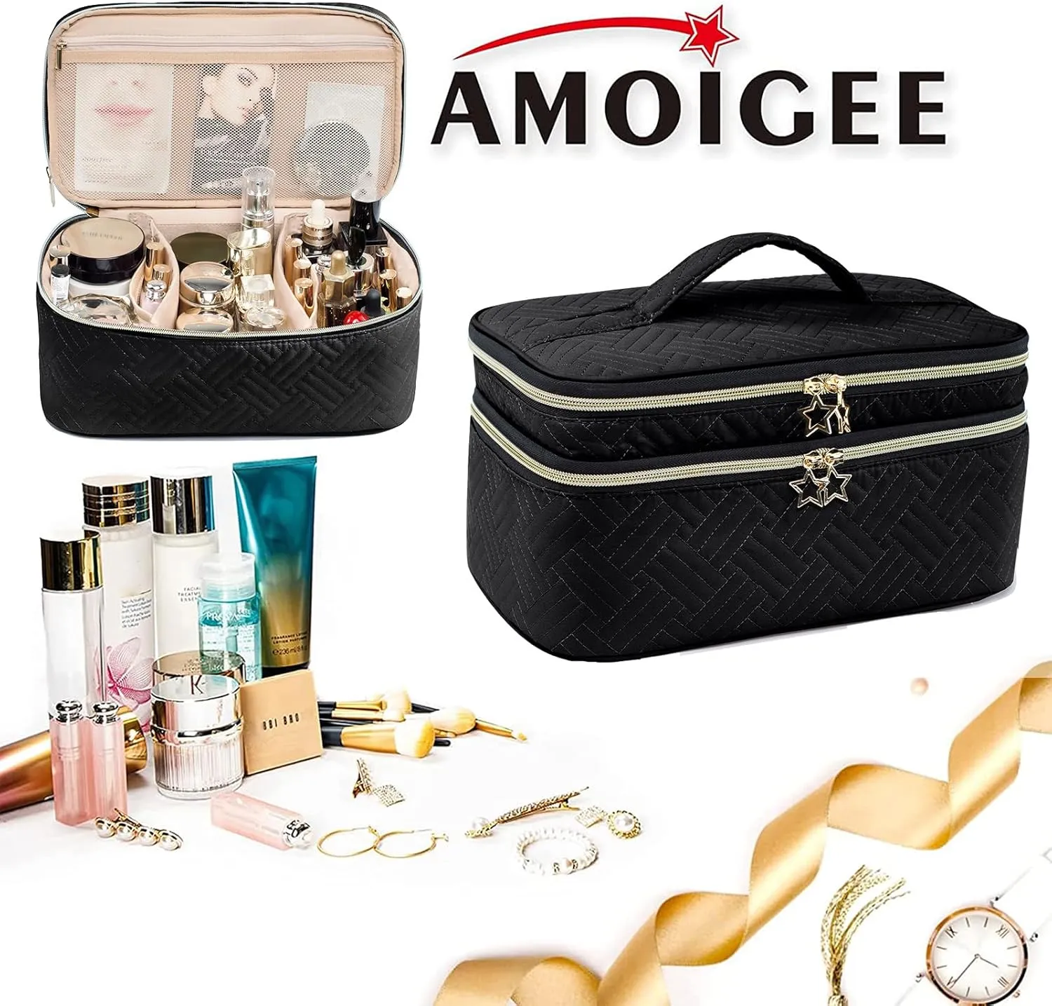 AMOIGEE Large Makeup Bag, Travel Makeup Bag Organizer, Double Layer Train Case Makeup Bag, Toiletry Bag for Makeup Brushes, Full Size Bottles, Palettes Sponge, Cosmetic Organizer