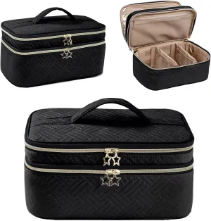 AMOIGEE Large Makeup Bag, Travel Makeup Bag Organizer, Double Layer Train Case Makeup Bag, Toiletry Bag for Makeup Brushes, Full Size Bottles, Palettes Sponge, Cosmetic Organizer