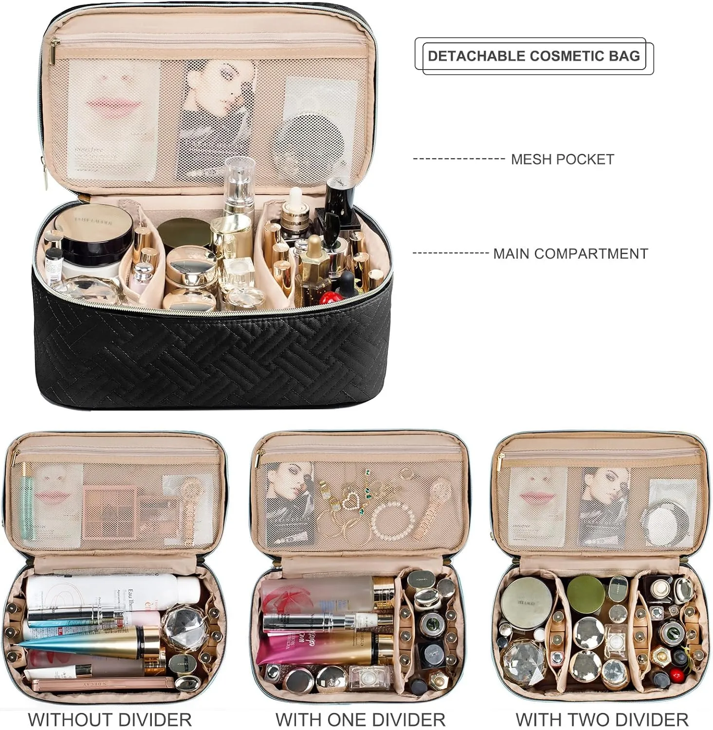 AMOIGEE Large Makeup Bag, Travel Makeup Bag Organizer, Double Layer Train Case Makeup Bag, Toiletry Bag for Makeup Brushes, Full Size Bottles, Palettes Sponge, Cosmetic Organizer