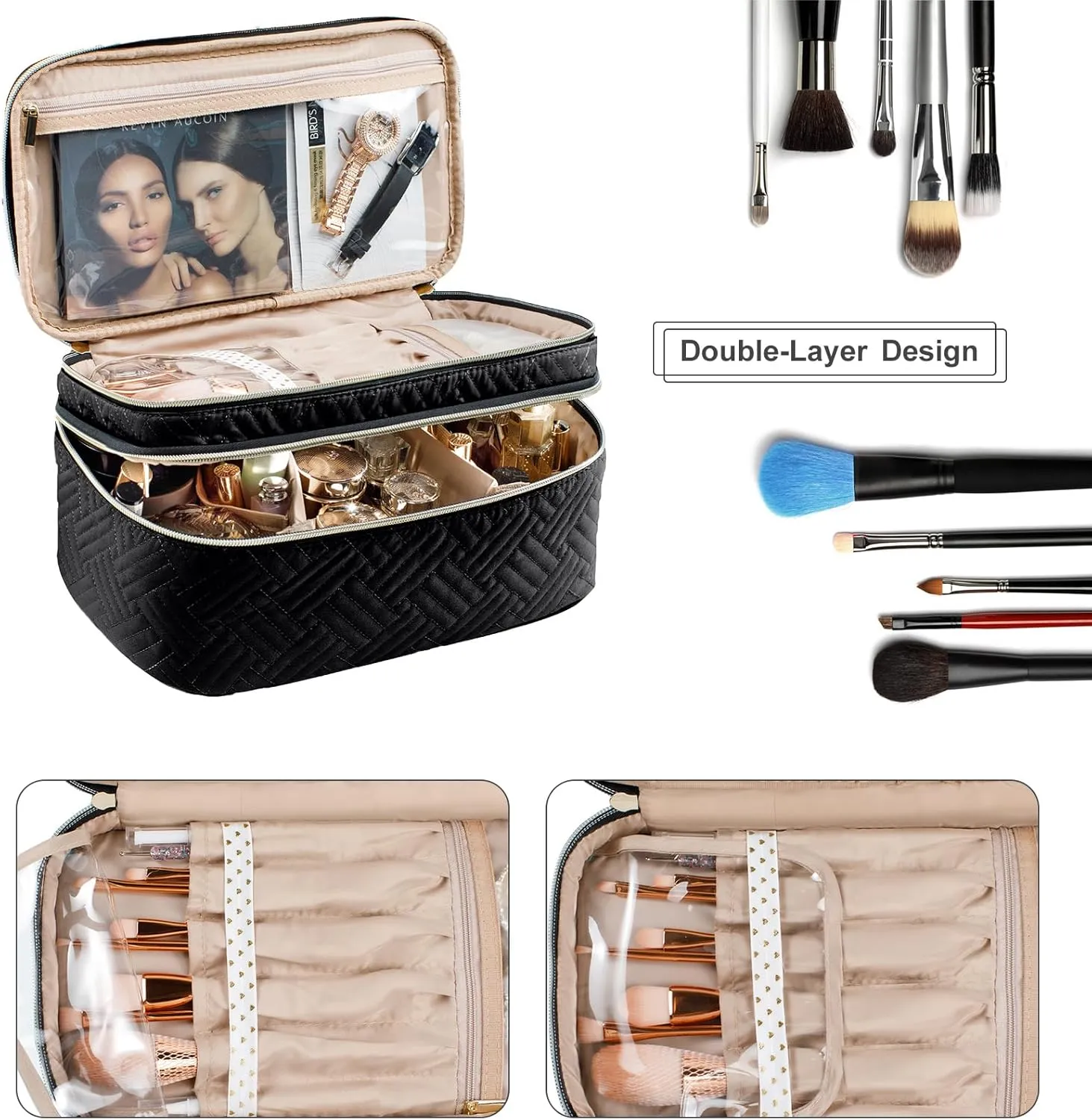 AMOIGEE Large Makeup Bag, Travel Makeup Bag Organizer, Double Layer Train Case Makeup Bag, Toiletry Bag for Makeup Brushes, Full Size Bottles, Palettes Sponge, Cosmetic Organizer