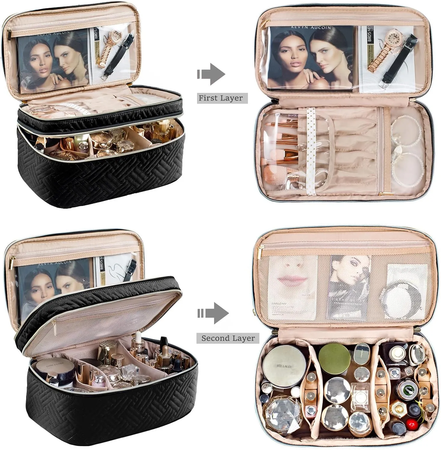AMOIGEE Large Makeup Bag, Travel Makeup Bag Organizer, Double Layer Train Case Makeup Bag, Toiletry Bag for Makeup Brushes, Full Size Bottles, Palettes Sponge, Cosmetic Organizer