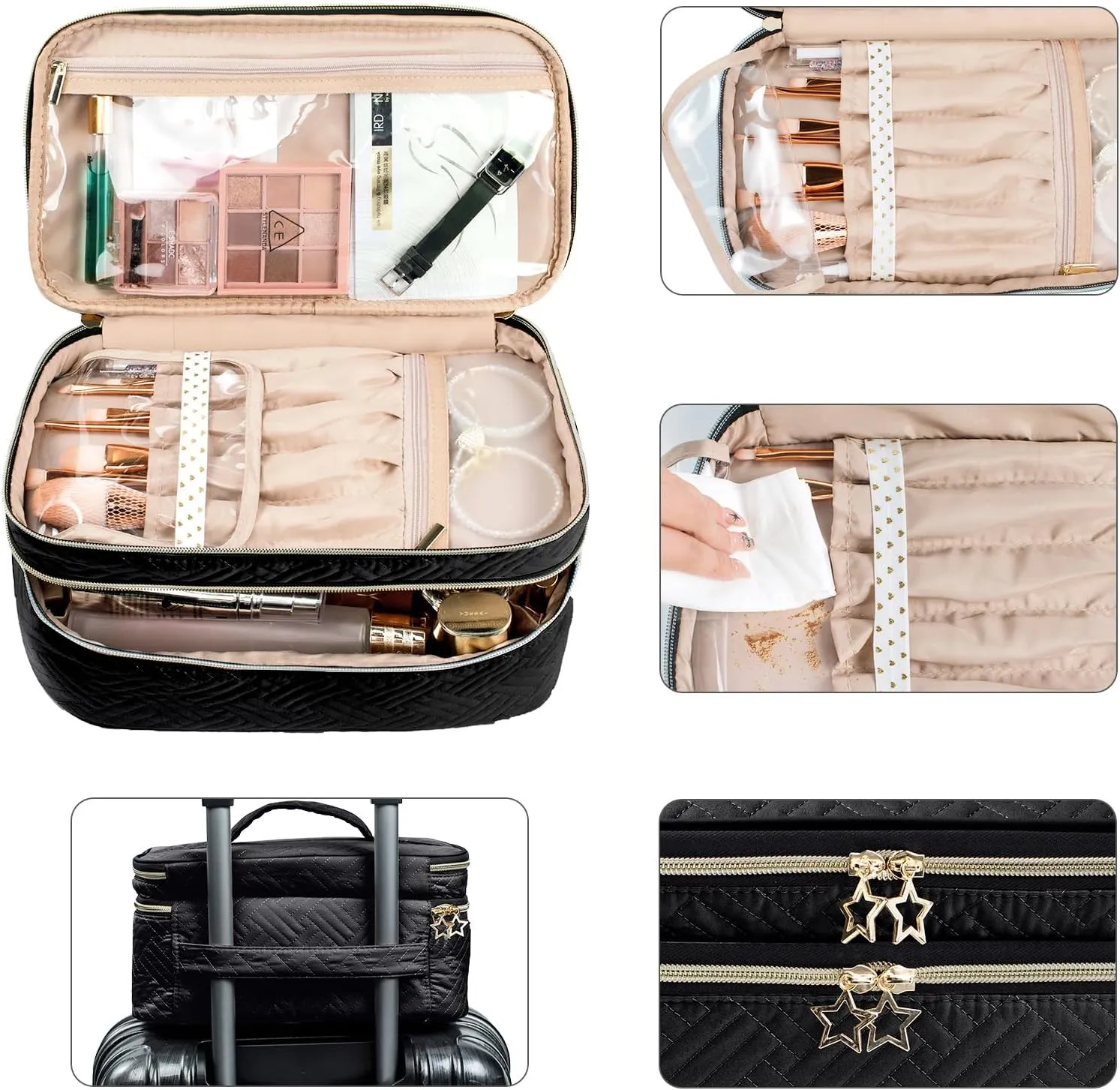 AMOIGEE Large Makeup Bag, Travel Makeup Bag Organizer, Double Layer Train Case Makeup Bag, Toiletry Bag for Makeup Brushes, Full Size Bottles, Palettes Sponge, Cosmetic Organizer