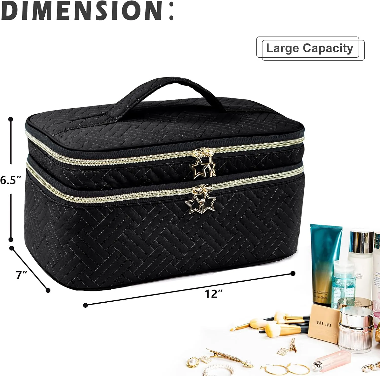 AMOIGEE Large Makeup Bag, Travel Makeup Bag Organizer, Double Layer Train Case Makeup Bag, Toiletry Bag for Makeup Brushes, Full Size Bottles, Palettes Sponge, Cosmetic Organizer