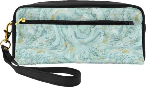 Azurite Teal And Foil Gold Oil Marble Pattern Leather Portable Cosmetic Storage Bag, Travel Cosmetic Bag, Daily Storage Bag For Men And Women