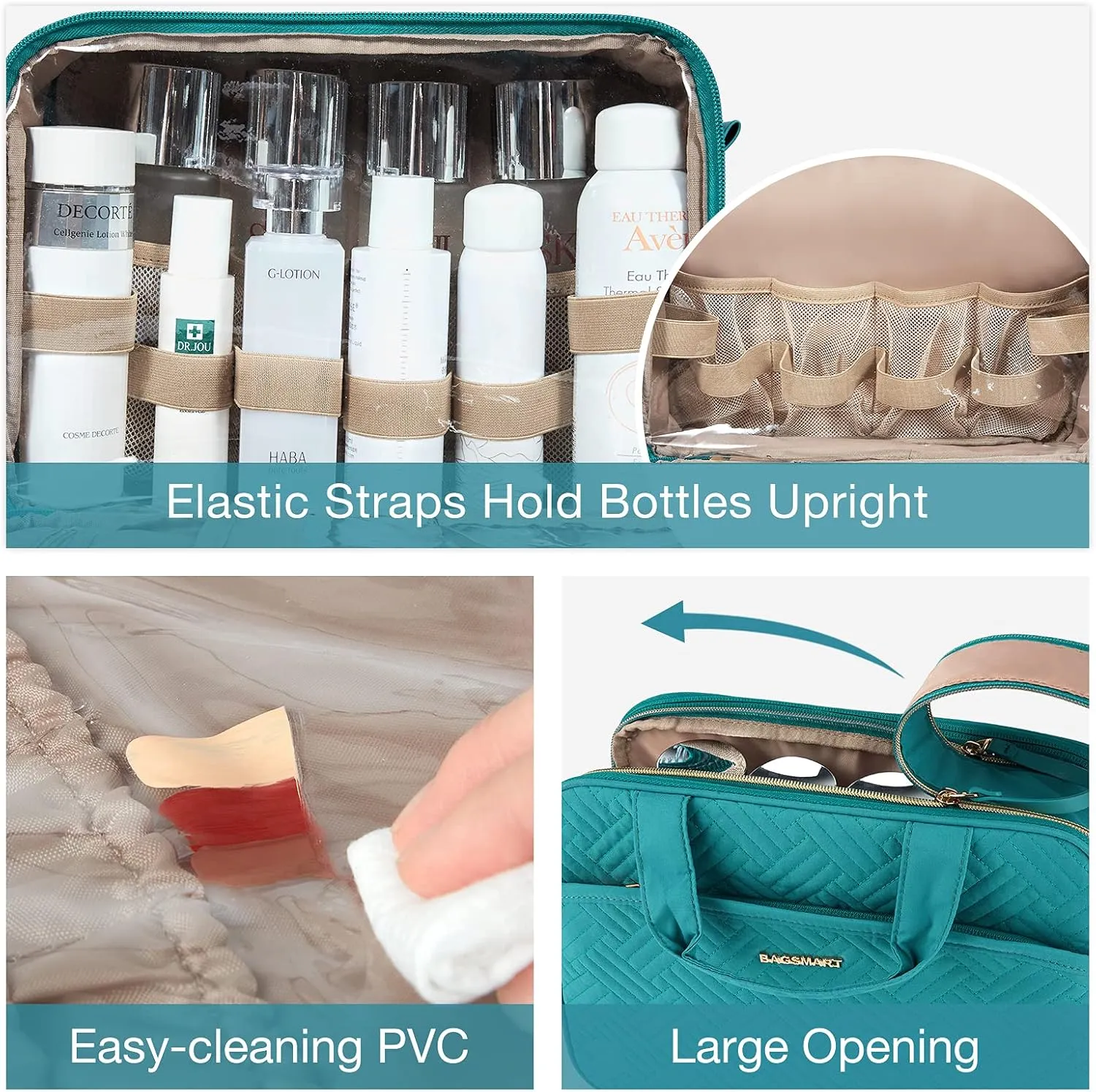 BAGSMART Large Toiletry Bag, Travel Makeup Organizer Water-resistant Makeup Cosmetic Bag Travel Bag for Accessories, Shampoo, Full Sized Container, Toiletries (Teal, Large)