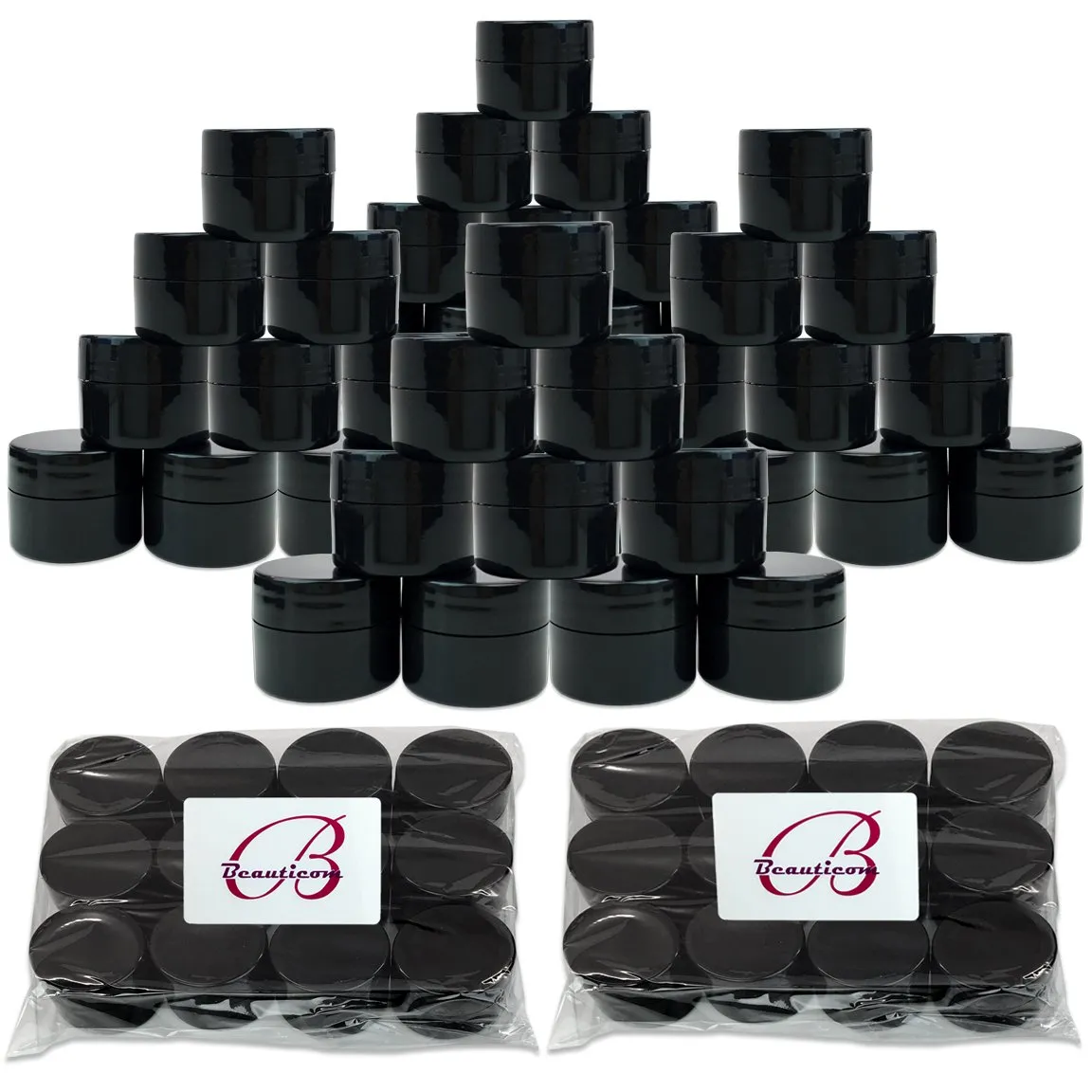 Beauticom® 300 Pieces 7G/7ML (0.25oz) BLACK Sturdy Thick Double Wall Plastic Container Jar with Foam Lined Lid for Powdered Eyeshadow, Mineralized Makeup, Cosmetic Samples - BPA Free