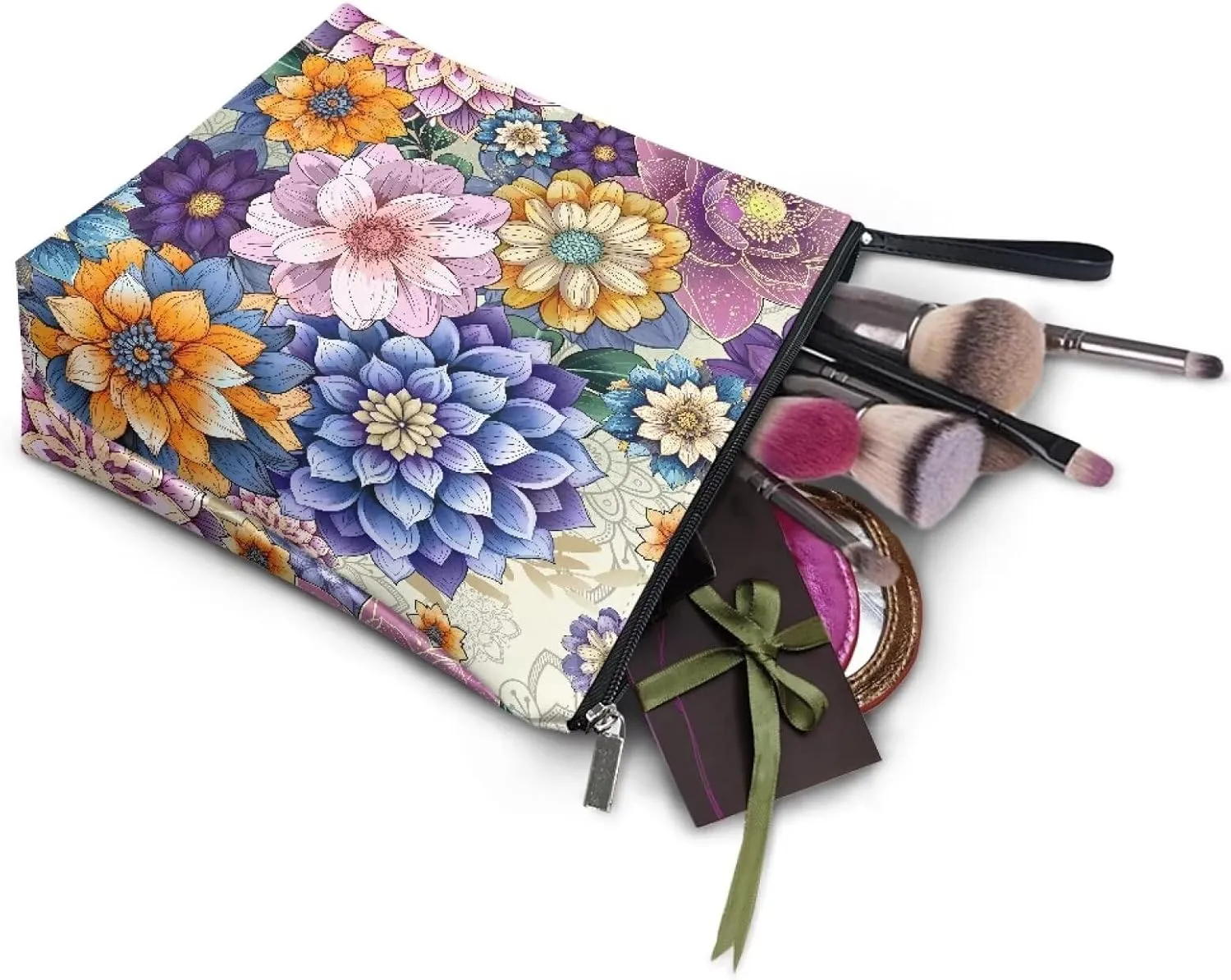 Boho Mandala Flowers Printed Makeup Bag Large Zipper Make Up Pouch for Purse Travel Accessories Cute Cartoon Printed Cosmetic Organizer Brush Storage for Women