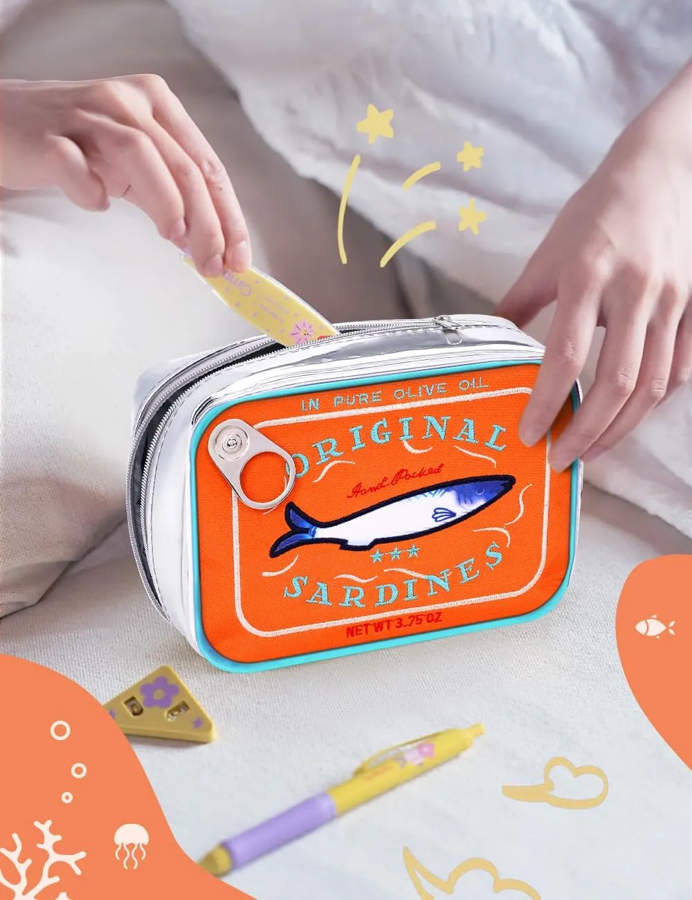 Cessfle Canned Sardines Makeup Bag, Funny Sardine Tin Fish Cosmetic Bag, Creative Cute Makeup Bag Kawaii Pencil Case Pouch, Coquette Make up Pouch for Women…, 6.1*4.3*4.5inch, Orange mix Blue