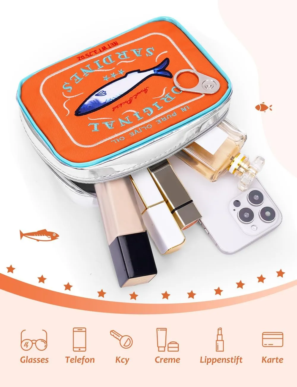 Cessfle Canned Sardines Makeup Bag, Funny Sardine Tin Fish Cosmetic Bag, Creative Cute Makeup Bag Kawaii Pencil Case Pouch, Coquette Make up Pouch for Women…, 6.1*4.3*4.5inch, Orange mix Blue