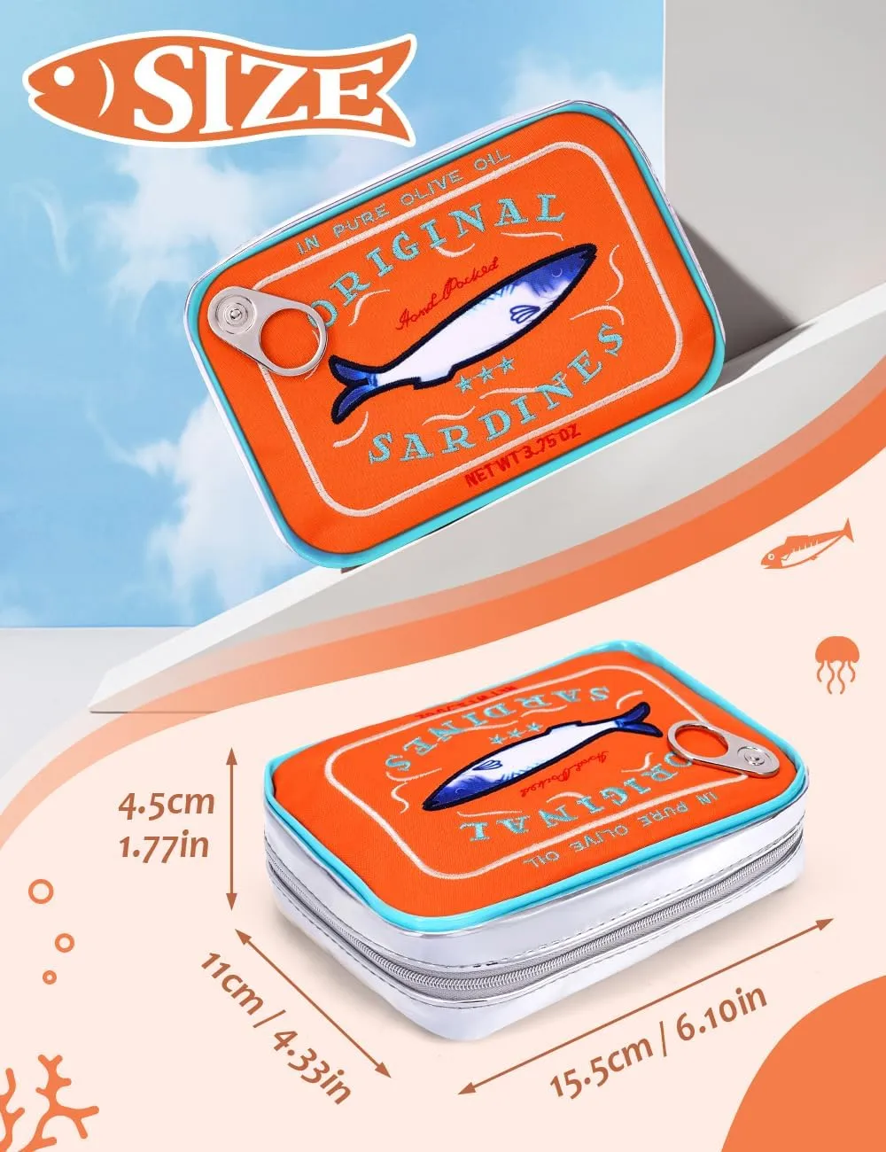 Cessfle Canned Sardines Makeup Bag, Funny Sardine Tin Fish Cosmetic Bag, Creative Cute Makeup Bag Kawaii Pencil Case Pouch, Coquette Make up Pouch for Women…, 6.1*4.3*4.5inch, Orange mix Blue