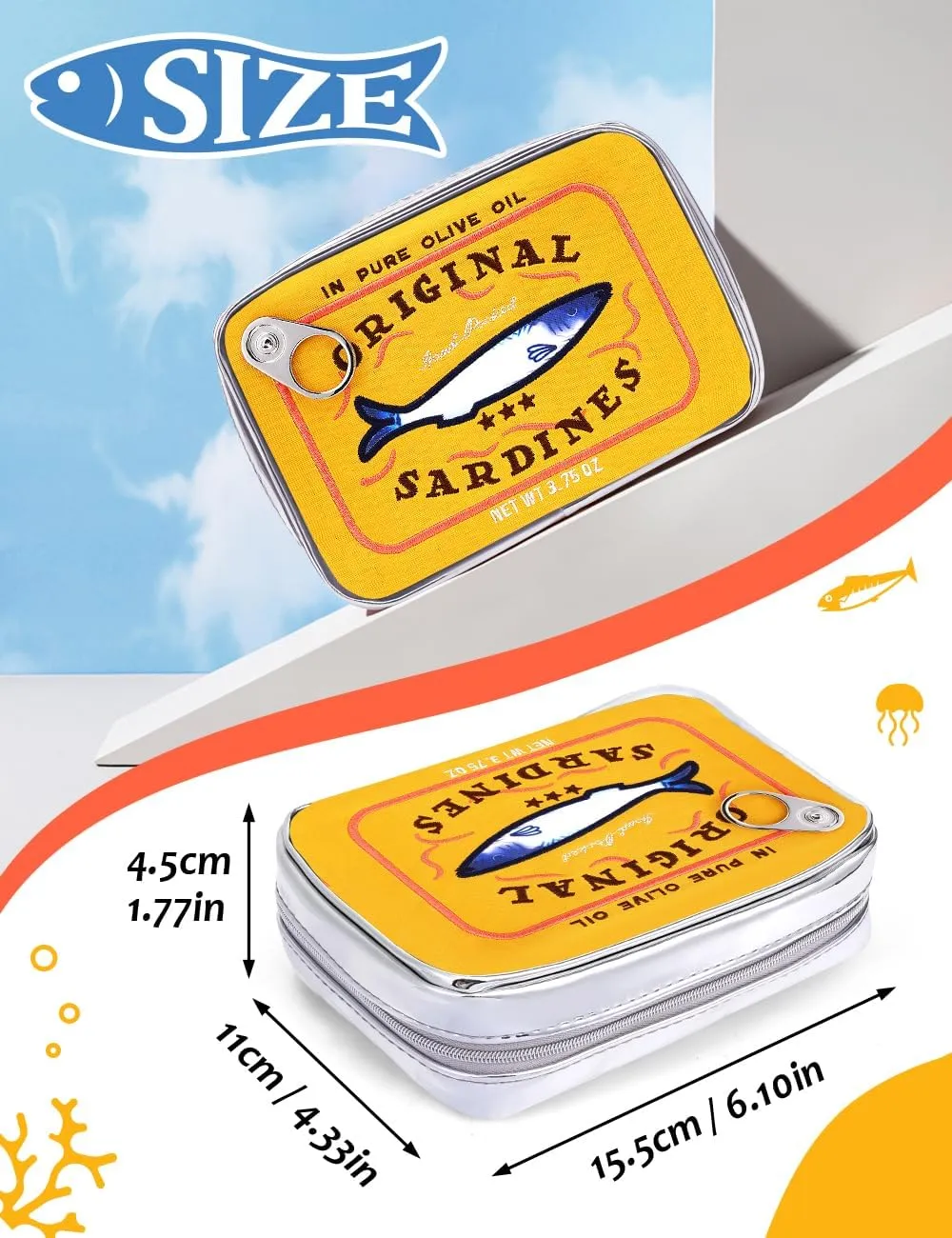 Cessfle Canned Sardines Makeup Bag, Funny Sardine Tin Fish Cosmetic Bag, Creative Cute Makeup Bag Kawaii Pencil Case Pouch, Coquette Make up Pouch for Women