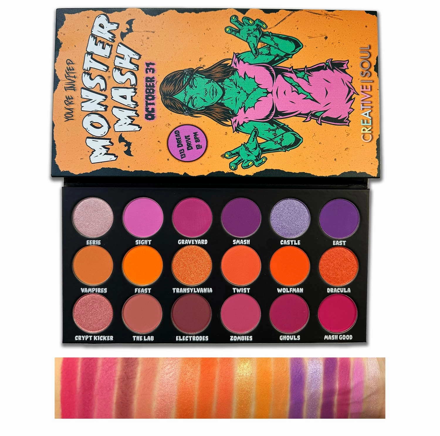 Creative Soul Cosmetics Monster Mash Eyeshadow Palette - Halloween Inspired Colorful, Blendable & High Pigment Mattes & Shimmers