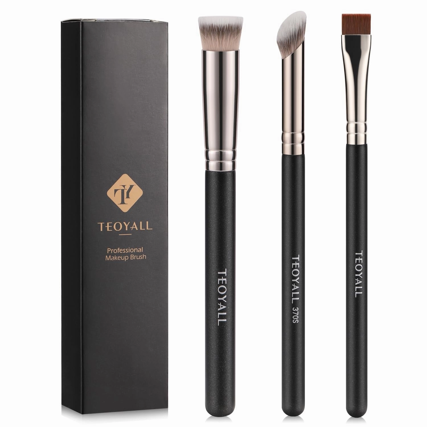 Foundation Contour Conceal Brush Set, 3PCS Angled Synthetic Kabuki Brush for Blending Setting Buffing with Liquid, Cream and Powder Cosmetic (170S/270S/370S)