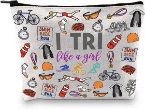 GJTIM Triathlon Gift Swim Bike Run Gift Triathlete Inspirational Zipper Makeup Bag Gift for Triathlon Lover (I Tri Bag)