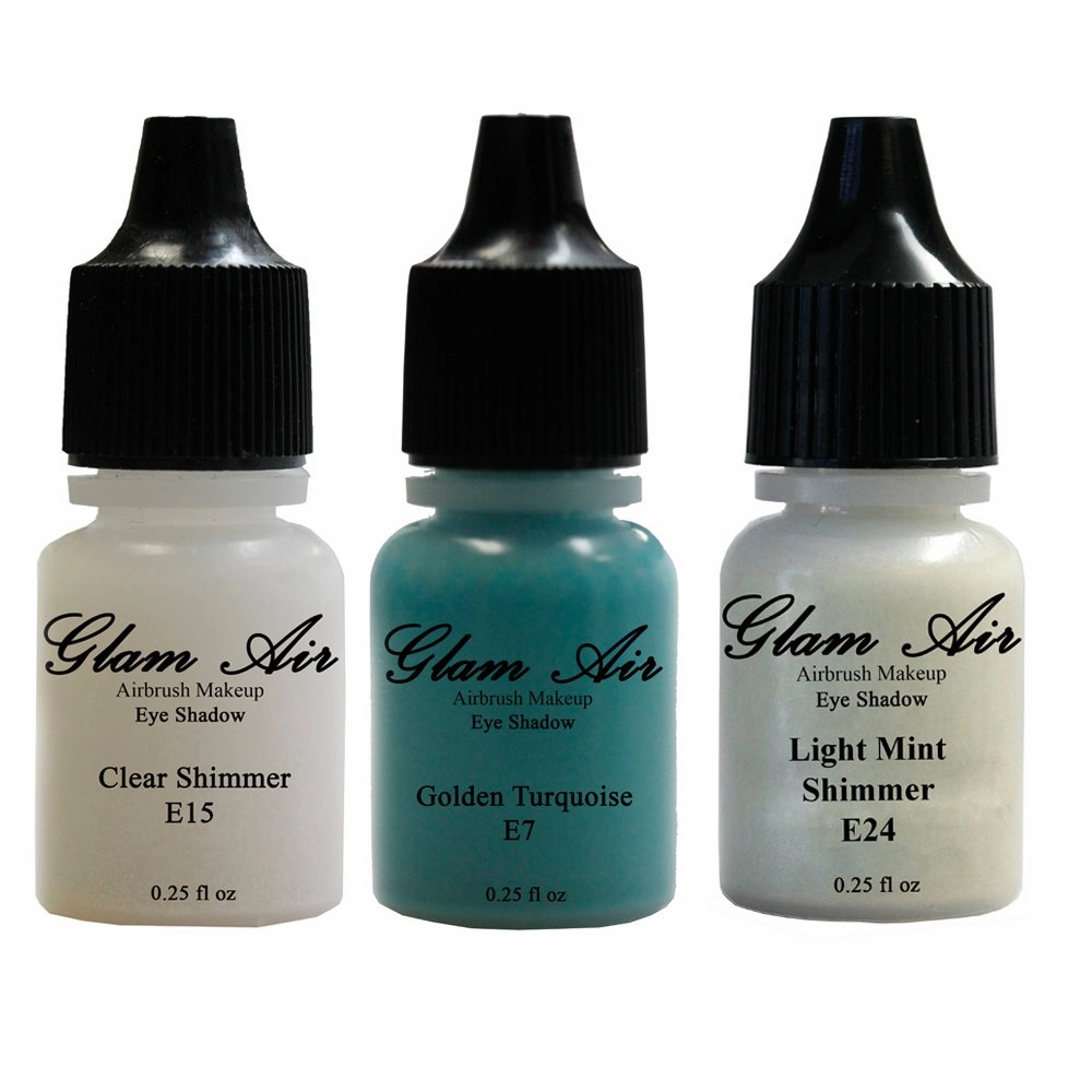 Glam Air Set of 3 Airbrush Eye Shadow Colors- Clear Shimmer, Golden Turquoise & Light Mint Shimmer Airbrush Water-based 0.25 Fl. Oz. Bottles of Eyeshadow