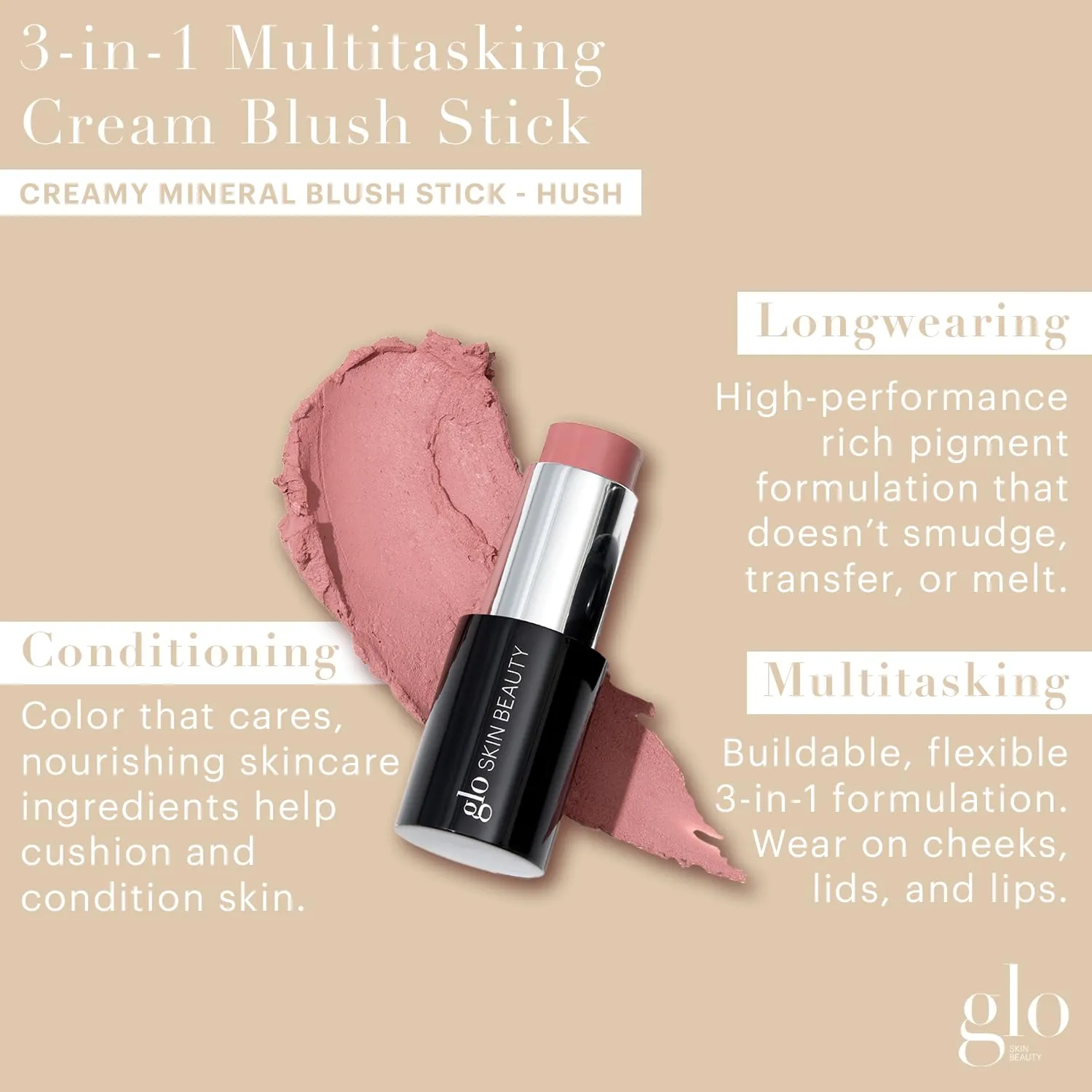 Glo Skin Beauty Cream Blush Stick (Hush) | 3-in-1 Multitasking Long-Wear Cheek, Lips   Lids Stick | Packed with Skincare Benefits
