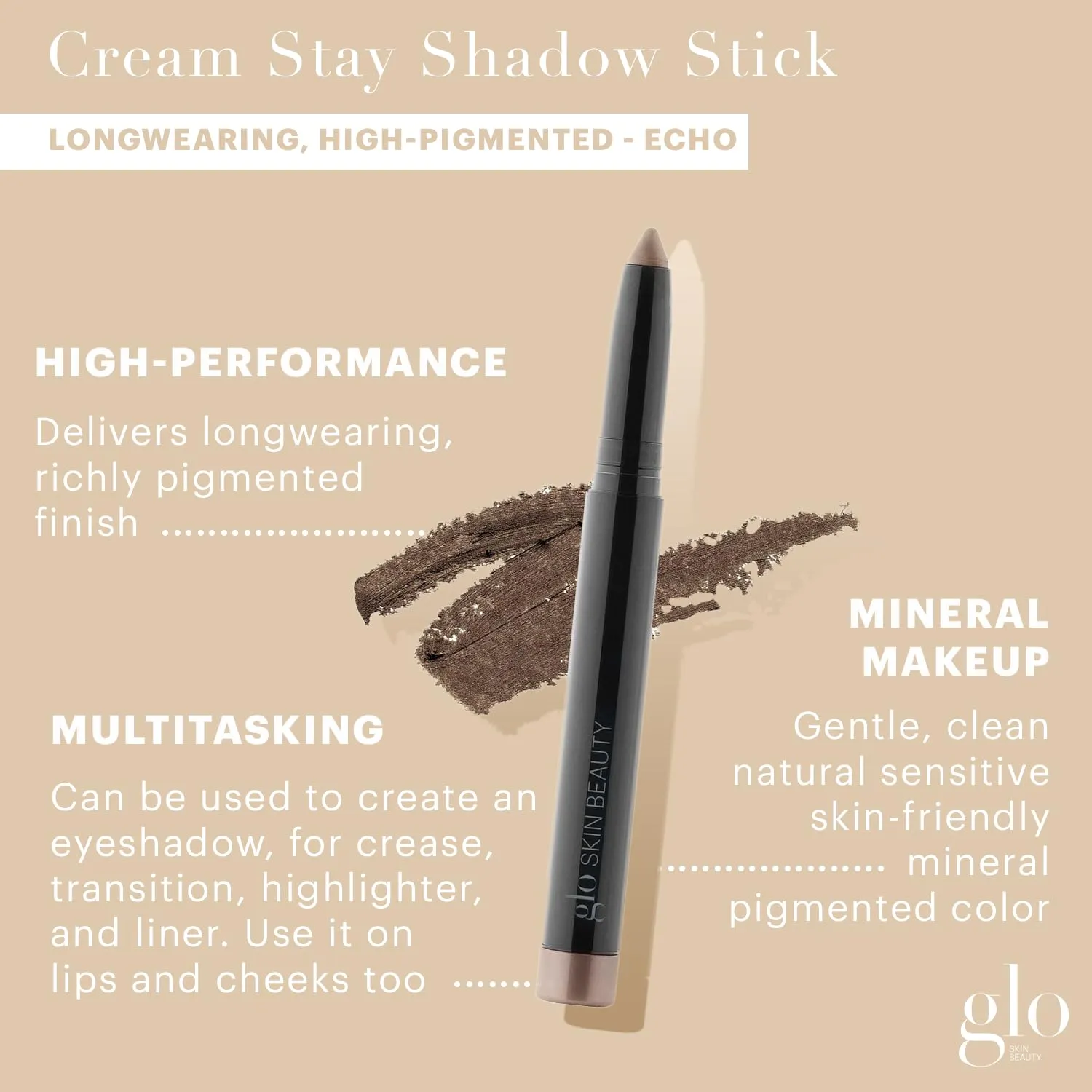 Glo Skin Beauty Cream Stay Shadow Stick (Echo) - Multi-Purpose Eyeshadow Mineral Makeup Can Also Be Used as Liner on Lips or Cheeks, 12-Hours of Wear
