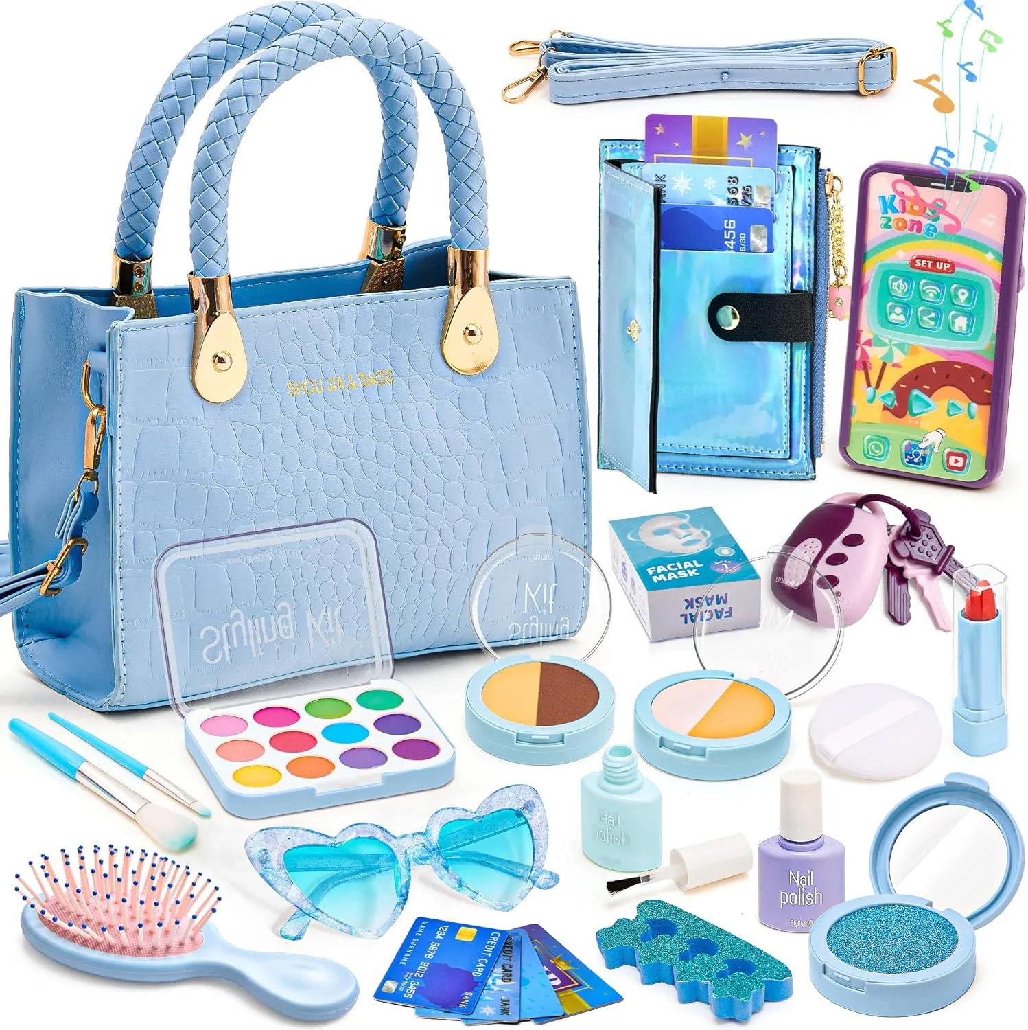 Golray Little Girls Frozen Play Purse Toy with Pretend Makeup Kit for Girl 3 4 5 6  Year Old, Sound Phone & Fake Make Up Set & Wallet, Princess Christmas Birthday Gift Toddler Kid Frozen Toy Age 3-4-7