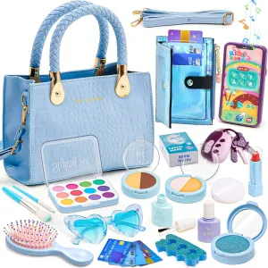 Golray Little Girls Frozen Play Purse Toy with Pretend Makeup Kit for Girl 3 4 5 6  Year Old, Sound Phone & Fake Make Up Set & Wallet, Princess Christmas Birthday Gift Toddler Kid Frozen Toy Age 3-4-7