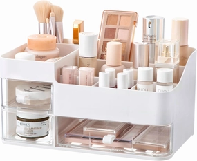 HBlife Makeup Organizer for Vanity Bathroom Organizer Large Skincare Organizers with 3 Drawers Makeup Organizers and Storage Cosmetic Storage, White