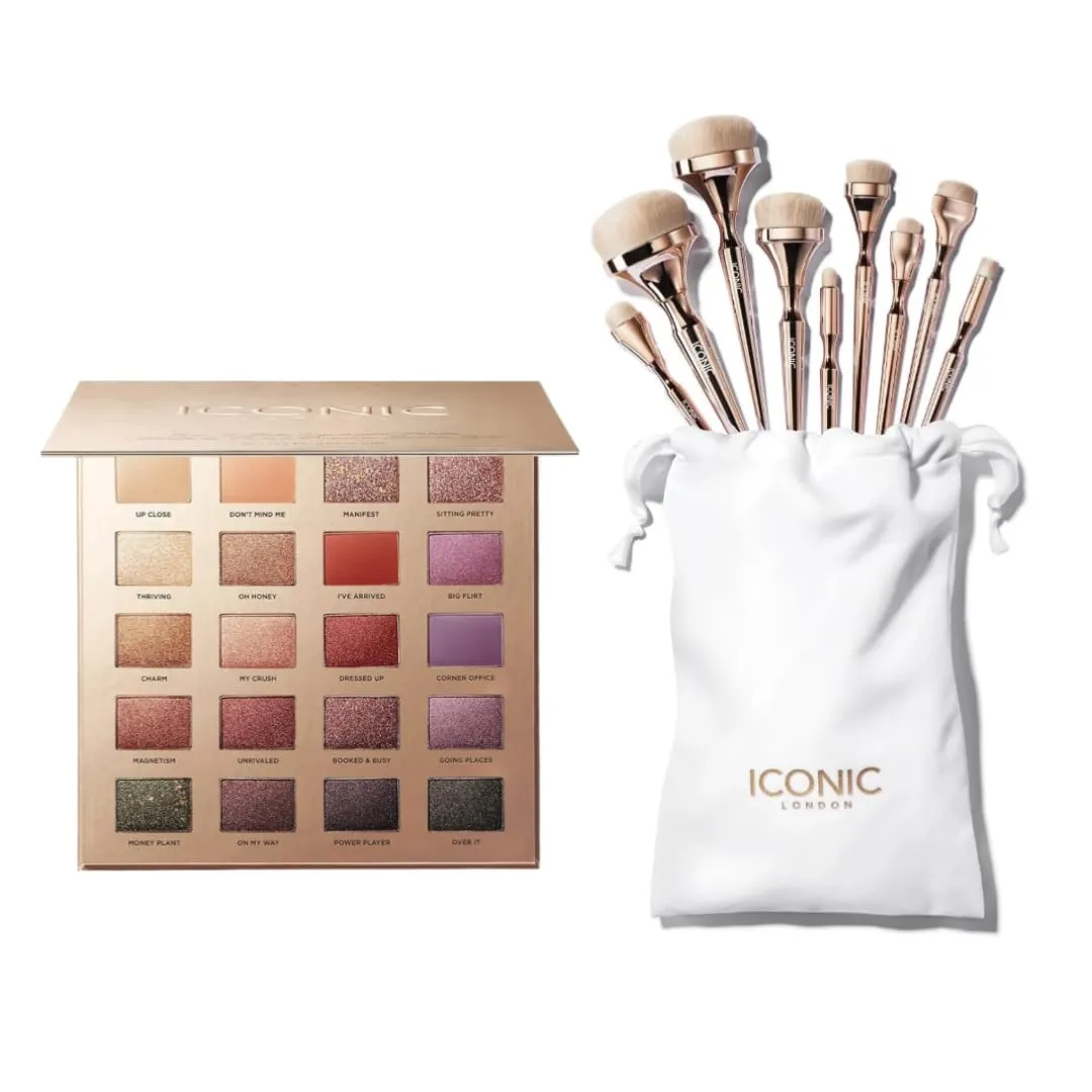 ICONIC LONDON HD Blend Complete Set and Desk to Dance Eyeshadow Palette | 20 Shades of Shimmer with 9 Premium Makeup Brushes