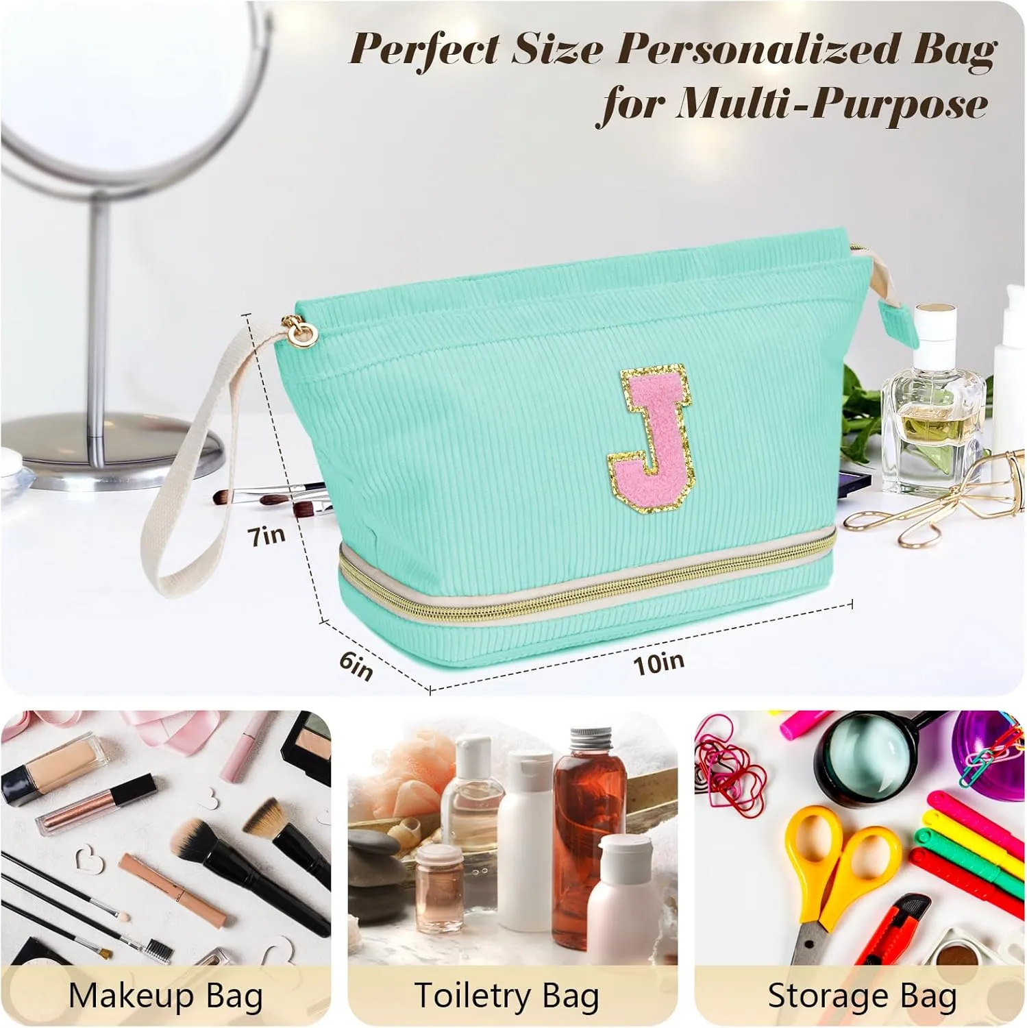 Initial Travel Makeup Bag for Women, Personalized Gift Large Double Layer Make Up Gift Cute Cosmetic Bag for Girl Makeup Pouch Wide-open Roomy Makeup Travel Bags Birthday Gifts for Her Green - A