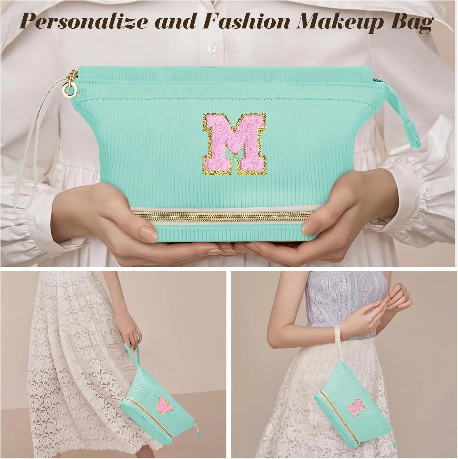Initial Travel Makeup Bag for Women, Personalized Gift Large Double Layer Make Up Gift Cute Cosmetic Bag for Girl Makeup Pouch Wide-open Roomy Makeup Travel Bags Birthday Gifts for Her Green - A