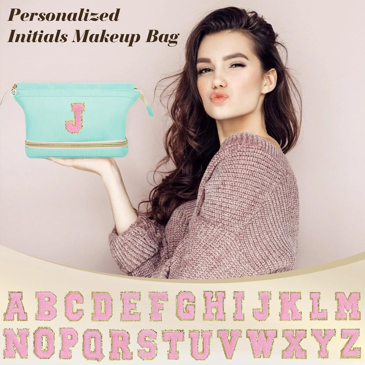 Initial Travel Makeup Bag for Women, Personalized Gift Large Double Layer Make Up Gift Cute Cosmetic Bag for Girl Makeup Pouch Wide-open Roomy Makeup Travel Bags Birthday Gifts for Her Green - A