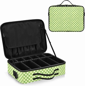 junzan Plaid Large Makeup Organizer Bag Travel Makeup Train Case Flat Make Up Artist Case with Dividers and Adjustable Strap Neon Yellow