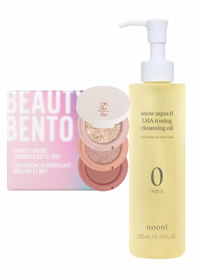 Kaja Beauty Bento Collection - Bouncy Eyeshadow Trio 16 Peach Madeline   NOONI Cleansing Oil - Snow Aqua 0 LHA Toning Pore Care Korean Facial Oil Cleanser, 6.76 fl.oz Bundle