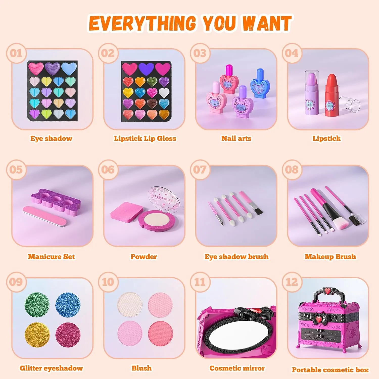 Kids Makeup Kit for Girl - 66Pcs Kids Washable Makeup Kits, Real Makeup Girls Toys Girl Makeup Sets for Toddler Kid Children Christmas Birthday Gifts Toys for 3 4 5 6 7 8 9 10 11 12 Year Old