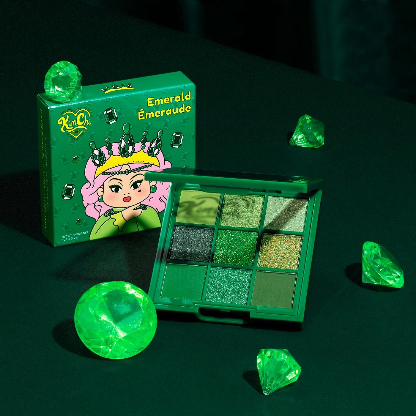 KimChi Chic Jewel Collection Eyeshadow Palette - Pigmented Blendable & Long Lasting Colors, Matte & Glitter Shades, Includes Jewel Stickers, Cruelty Free, Emerald