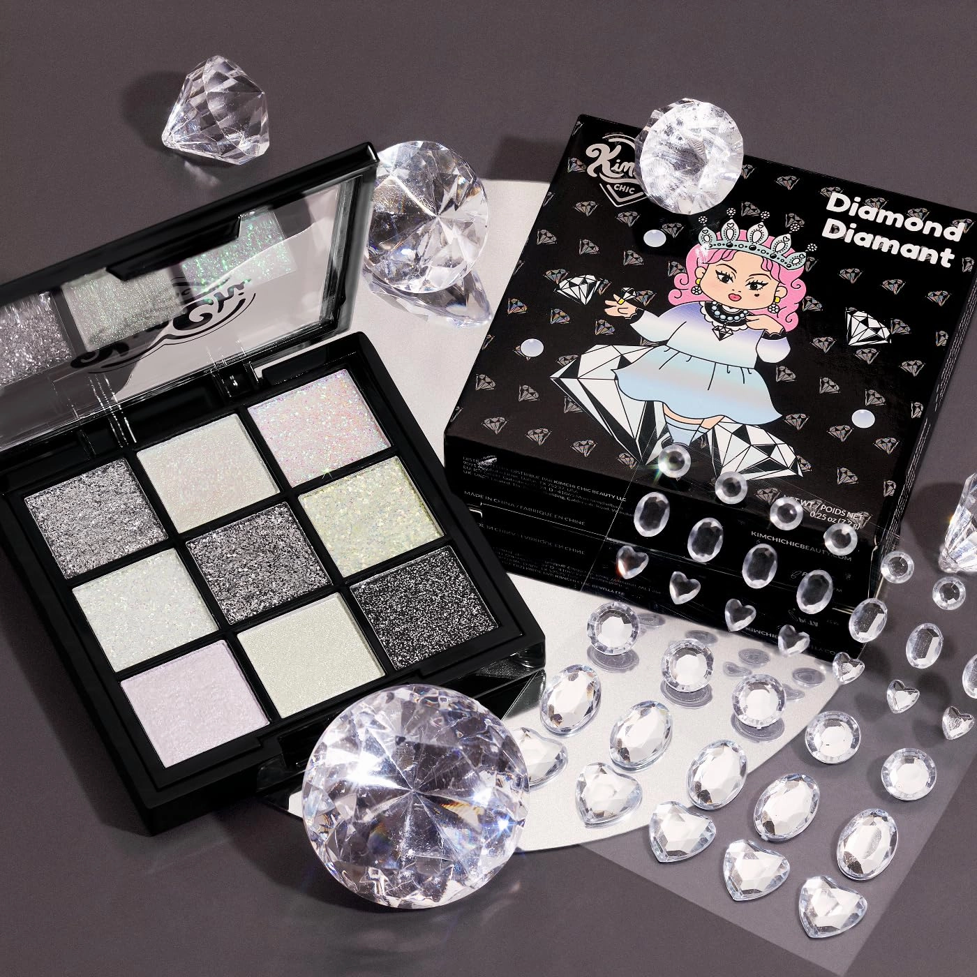 KimChi Chic Jewel Collection Eyeshadow Palette - Pigmented Blendable Matte & Glitter Shades, Long Lasting, Cruelty Free, Includes Jewel Stickers, Diamond