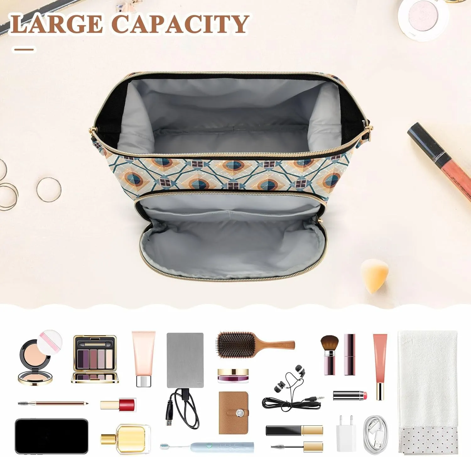 Large Quilted Makeup Organizer Travel Bag with Rectangular Padded Design