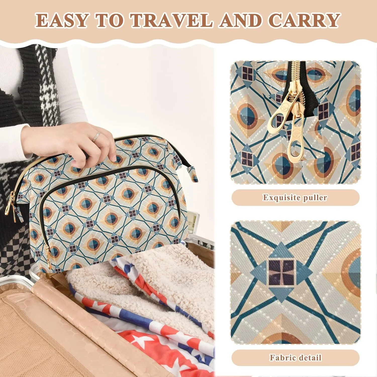 Large Quilted Makeup Organizer Travel Bag with Rectangular Padded Design