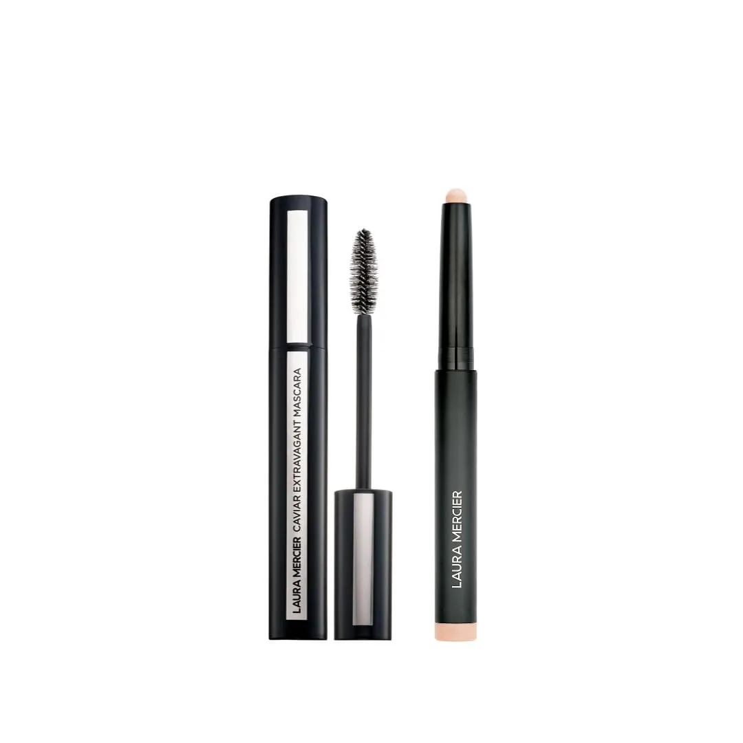 Laura Mercier Caviar Stick Cream Eyeshadow: Matte Finish, 24HR Wear, Long Lasting, Rich Color, Easily Blendable and Buildable, Waterproof, Vanilla Kiss   Caviar Extravagant Mascara Bundle
