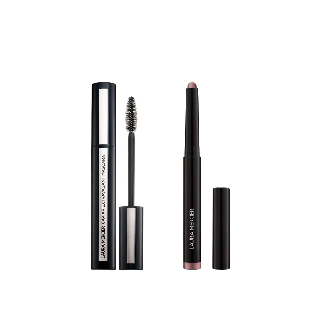 Laura Mercier Caviar Stick Cream Eyeshadow: Shimmer Finish, 24HR Wear, Long Lasting, Rich Color, Easily Blendable and Buildable, Waterproof, Soiree   Caviar Extravagant Mascara Bundle