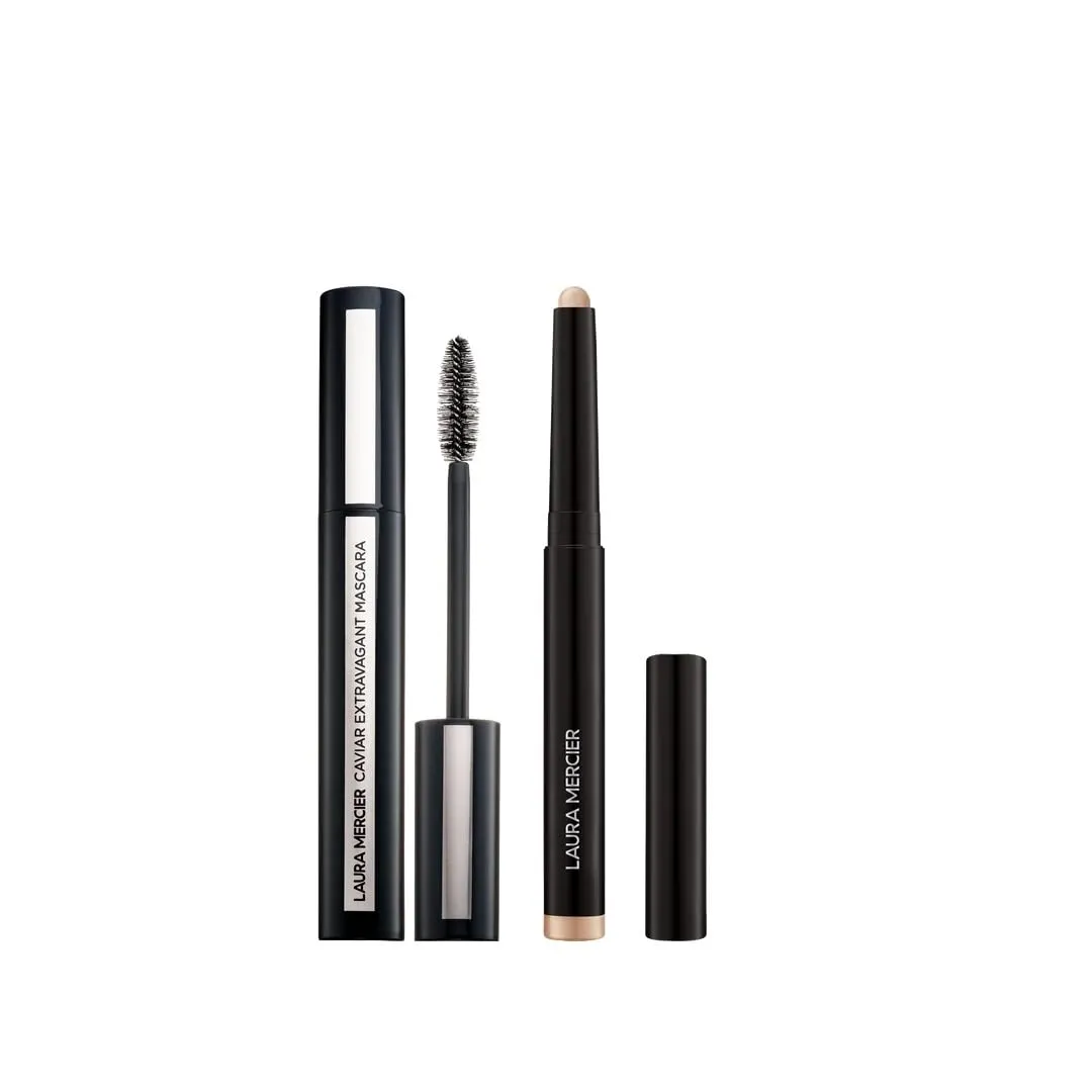 Laura Mercier Caviar Stick Cream Eyeshadow: Shimmer Finish, 24HR Wear, Long Lasting, Rich Color, Easily Blendable and Buildable, Waterproof, Sugarfrost   Caviar Extravagant Mascara Bundle