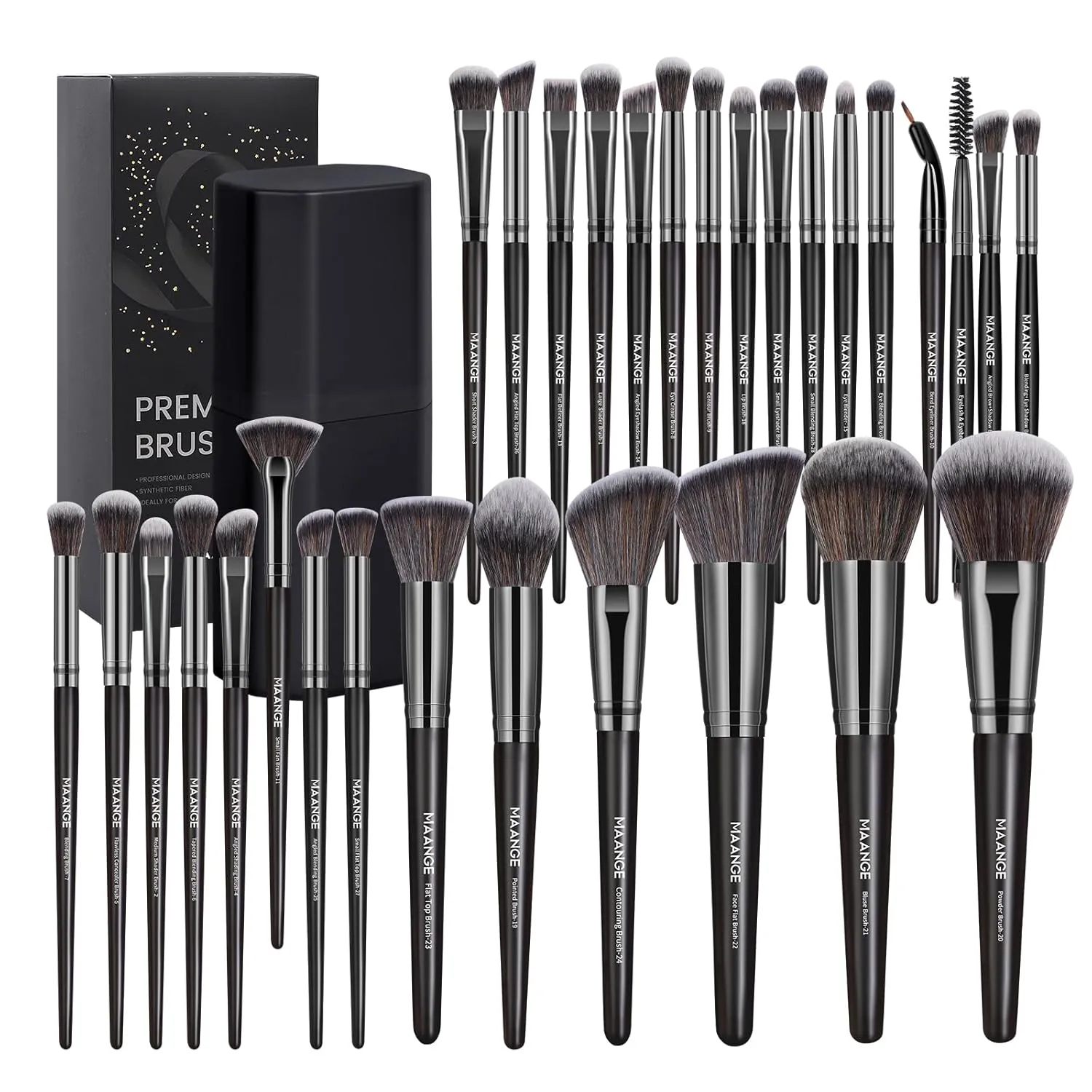 MAANGE 30 Pcs Professional Makeup Brushes with Case, Premium Synthetic Face Foundation Powder Blush Eyeshadow Blending Eye Brush Set Travel Makeup Brushes Set(Black)